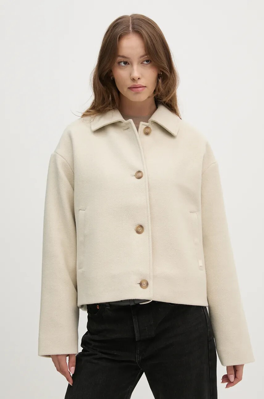 Levně Vlněný kabát Calvin Klein Jeans béžová barva, přechodný, oversize, J20J224128