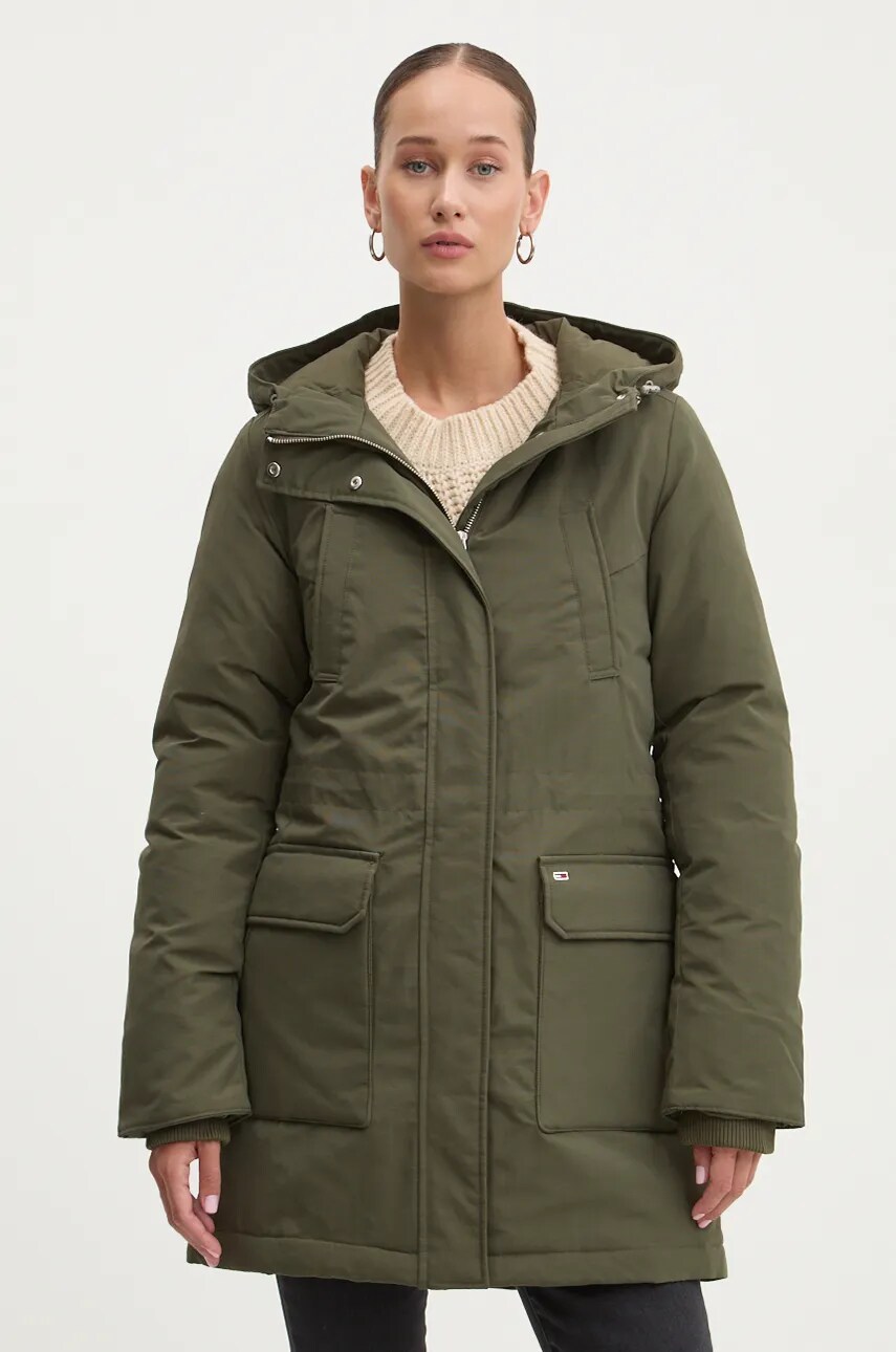 Tommy Jeans geaca femei, culoarea verde, de iarna, DW0DW18866