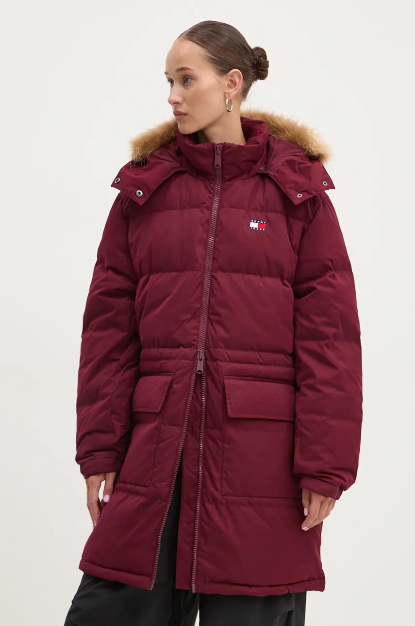 Tommy Jeans geaca de puf femei, culoarea bordo, de iarna, DW0DW18821