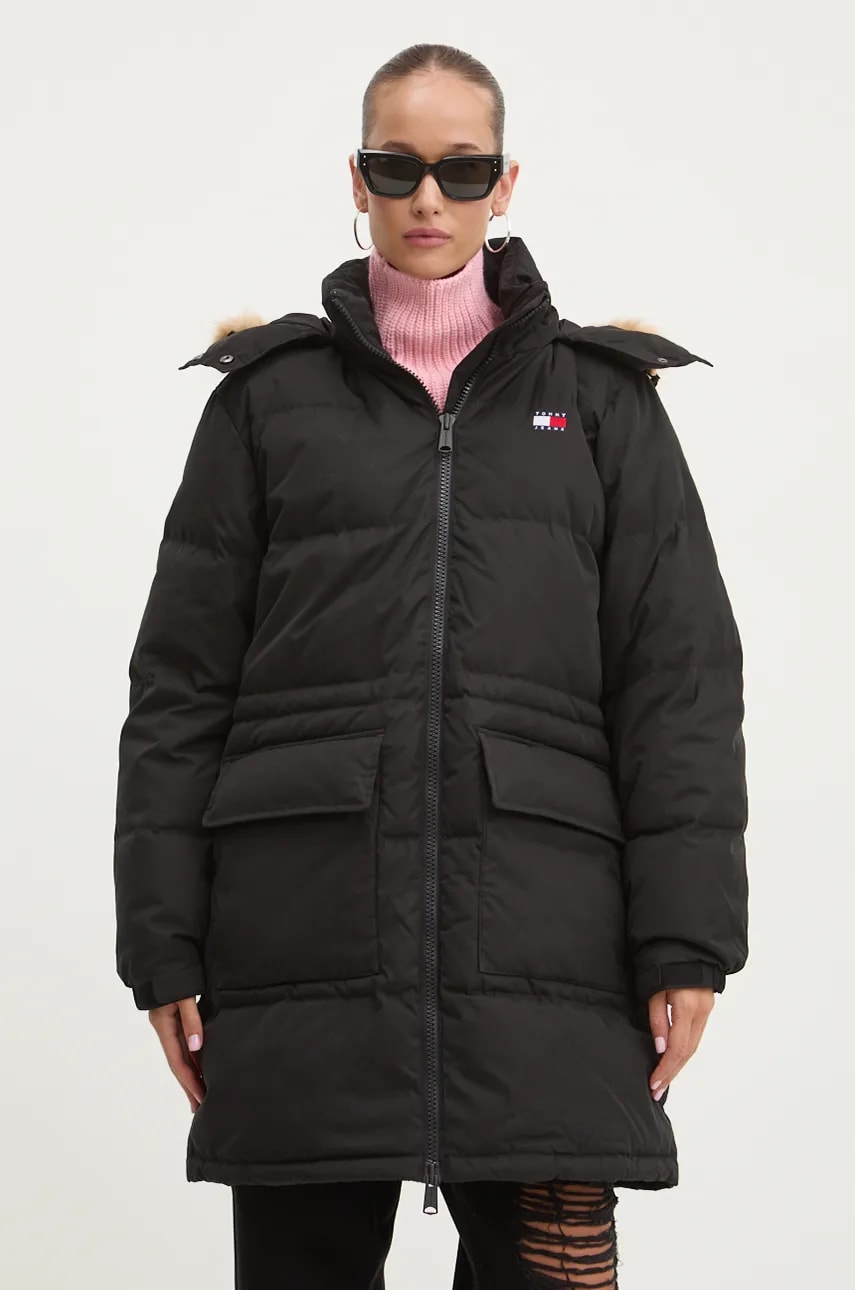 Tommy Jeans geaca de puf femei, culoarea negru, de iarna, DW0DW18821