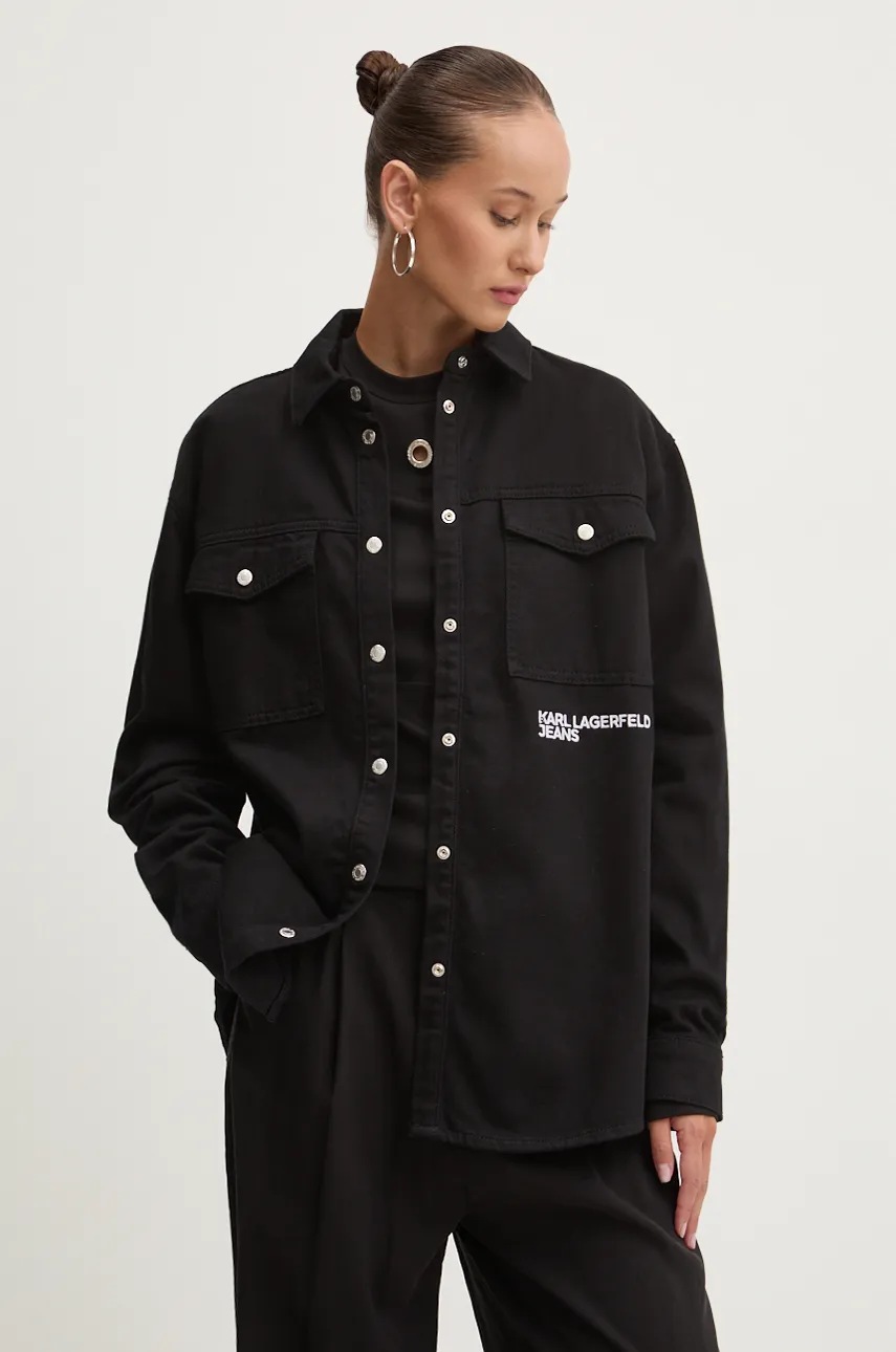 

Яке тип риза от памук Karl Lagerfeld Jeans в черно преходен модел с уголемена кройка 246J1602, Черен
