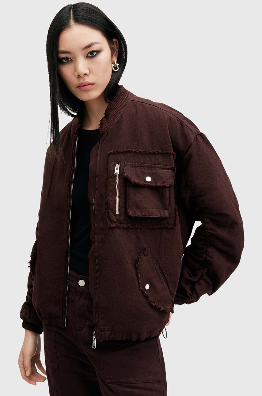 AllSaints geaca bomber RUE BOMBER femei, culoarea bordo, de tranzitie, W038OB