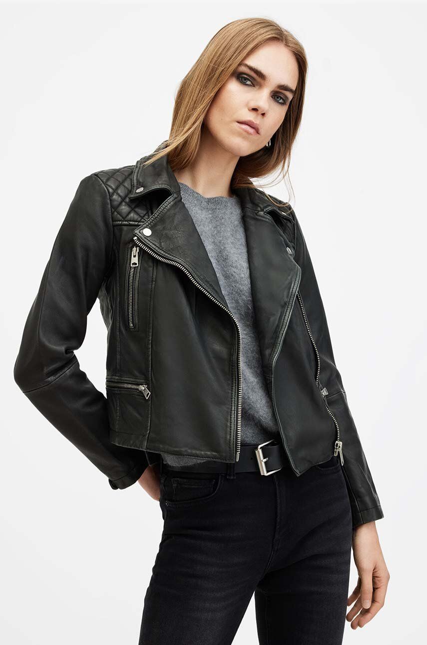 Kožená bunda AllSaints CARGO BIKER dámská, černá barva, přechodná, W085LB