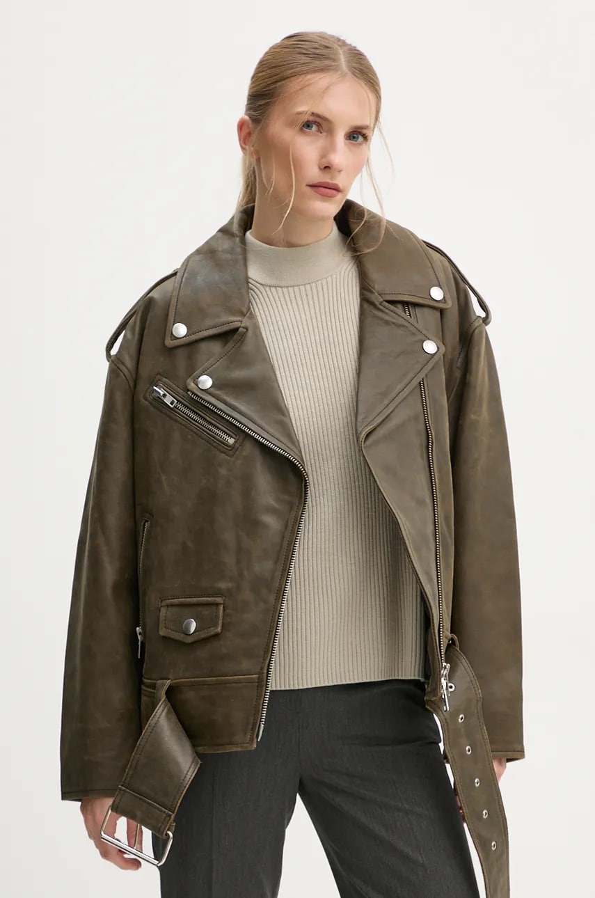 Stand Studio geaca ramones de piele Irene Jacket femei, culoarea verde, de tranzitie, oversize, 62273-7680 Stand Studio geaca ramones de piele Irene Jacket femei, culoarea verde, de tranzitie, oversize, 62273-7680