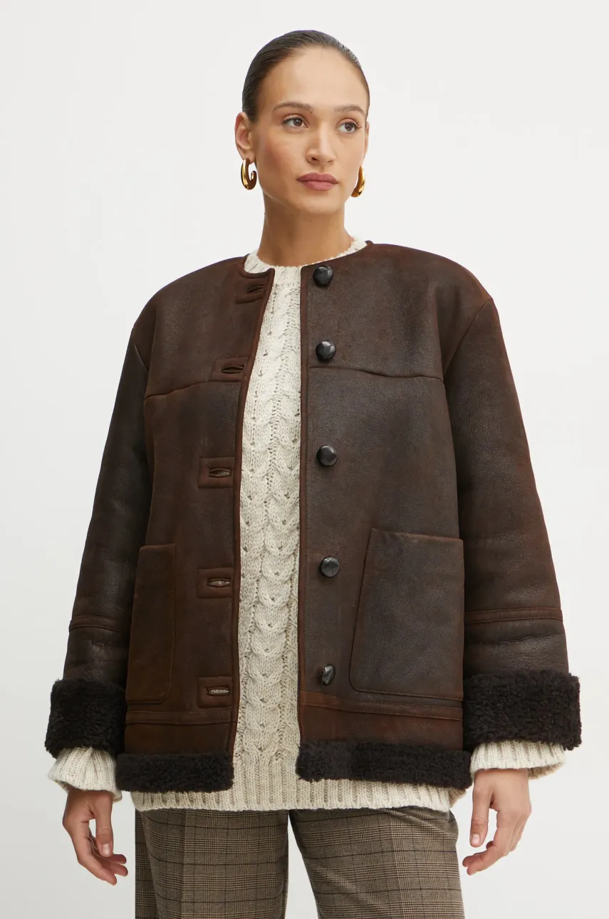 Weekend Max Mara geaca de piele femei, culoarea maro, de tranzitie, 2425416013600