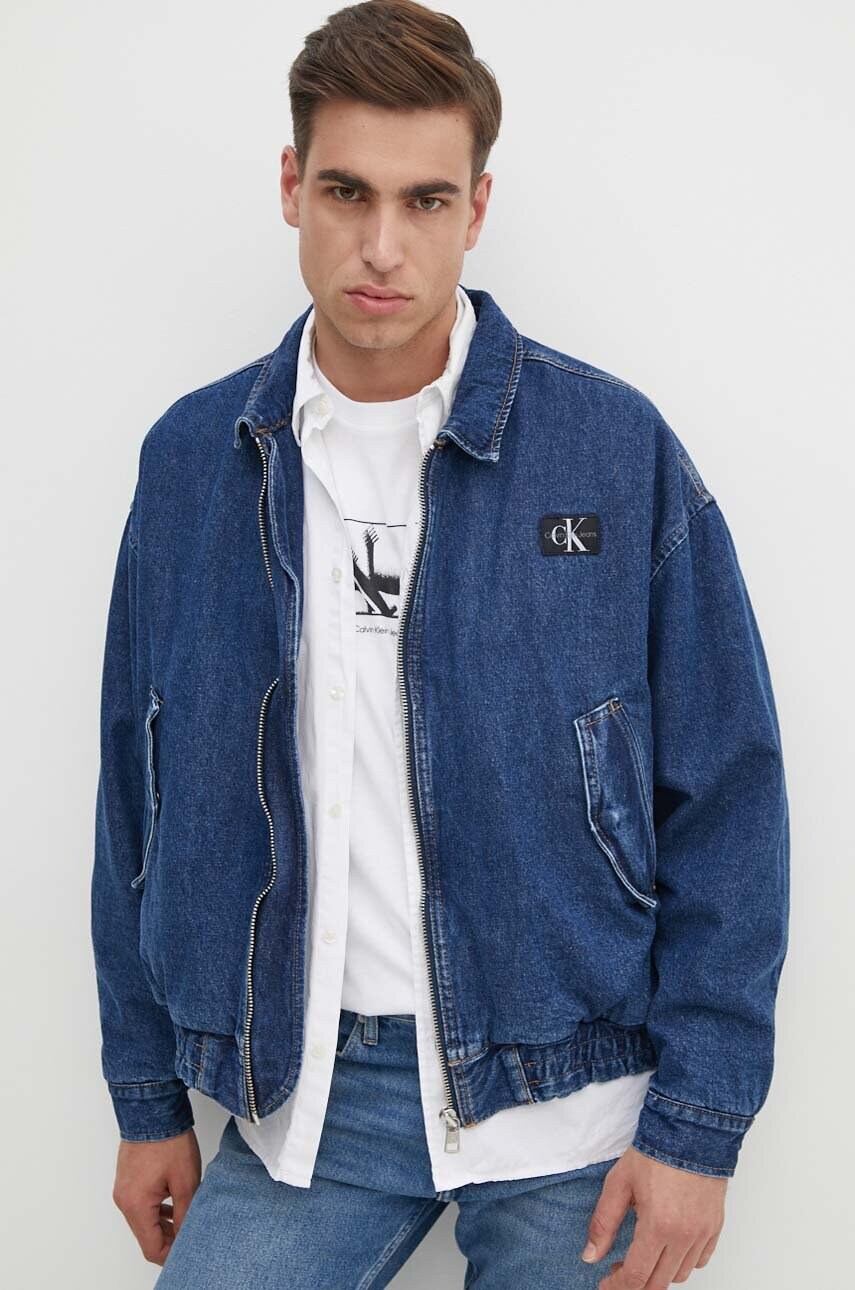 Levně Džínová bunda Calvin Klein Jeans pánská, tmavomodrá barva, přechodná, J30J325757