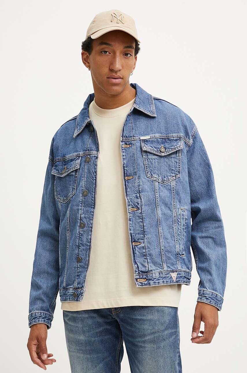 Levně Džínová bunda Guess Jeans pánská, modrá barva, přechodná, oversize, M4YN38 D5DO2