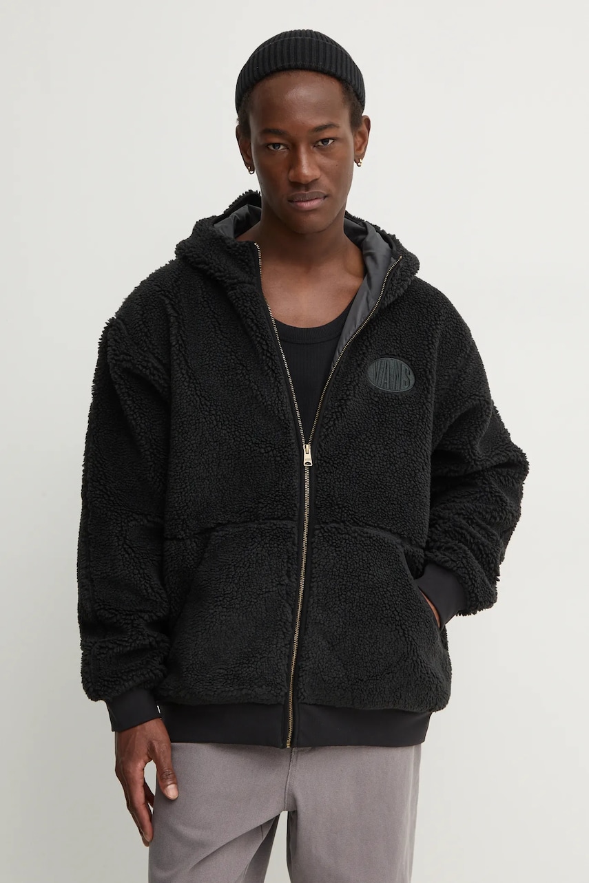 Vans hanorac fleece culoarea negru, cu glugă, cu imprimeu, VN000JVTBLK1