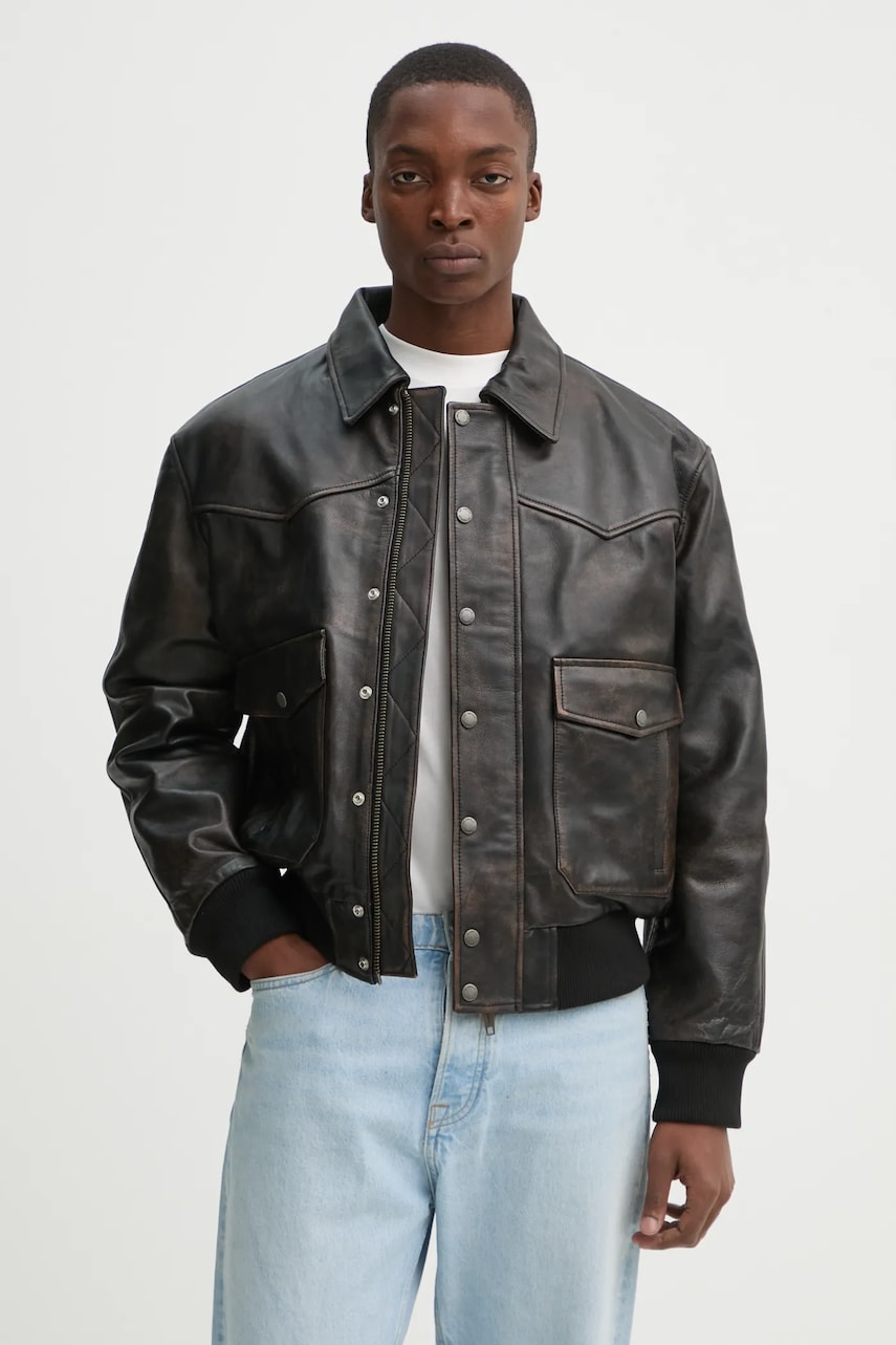 The Kooples geaca de piele culoarea maro, de tranzitie, oversize, HCUI29005K