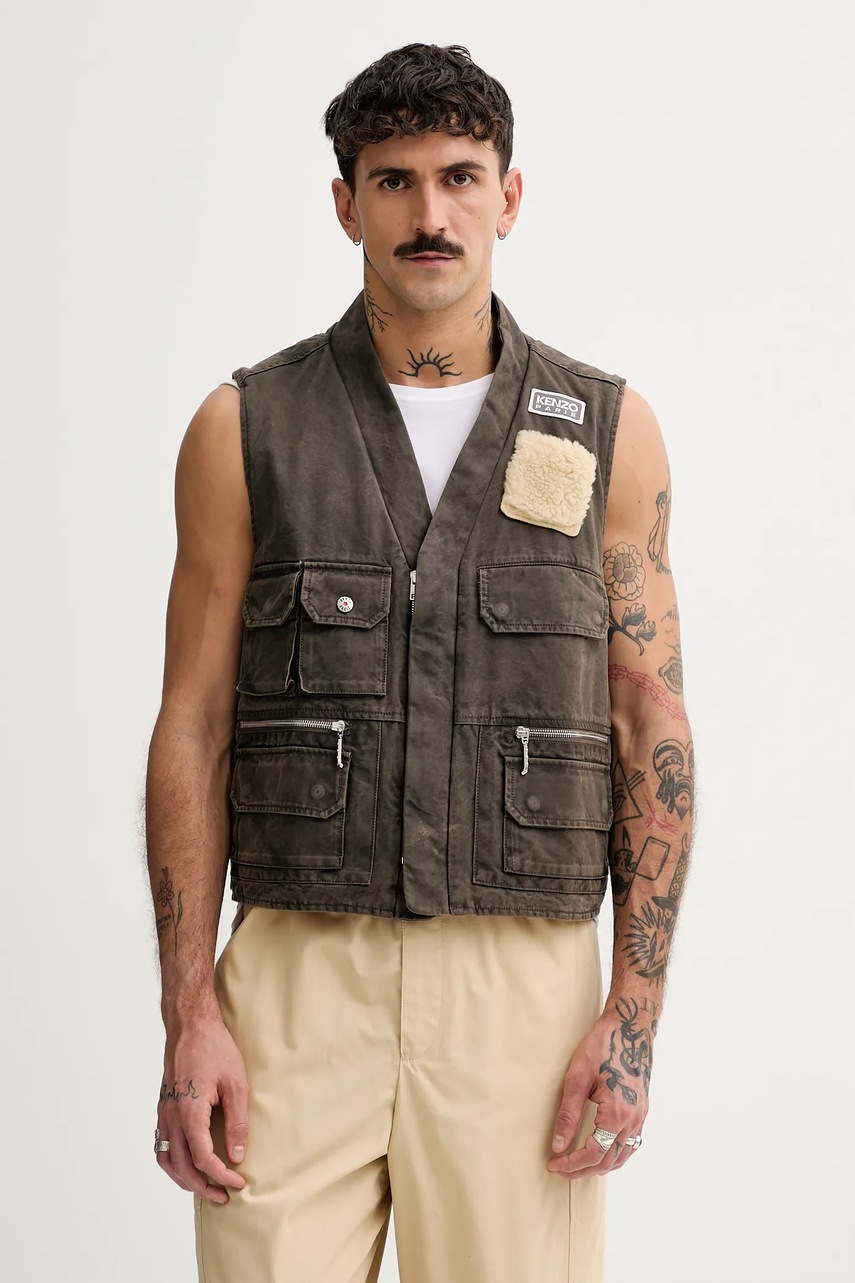 Kenzo vestă din bumbac Multipocket Gilet culoarea maro, de tranzitie, FE65VE0089GK.92