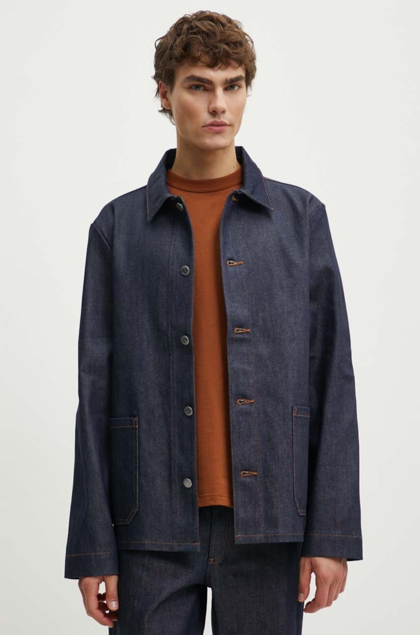 A.P.C. geacă din denim veste kerlouan logo brodee bărbați, culoarea bleumarin, de tranziție, COZZI.H03205 A.P.C. geacă din denim veste kerlouan logo brodee bărbați, culoarea bleumarin, de tranziție, COZZI.H03205