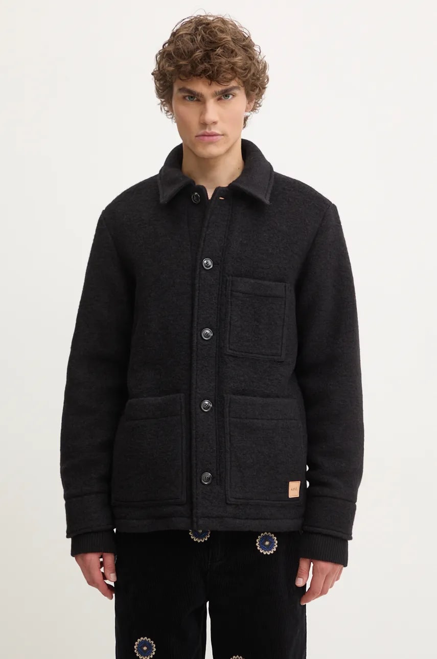 A.P.C. jachetă tip cămașă din lână veste emile patch culoarea negru, de tranzitie, WVBCA.H02961 A.P.C. jachetă tip cămașă din lână veste emile patch culoarea negru, de tranzitie, WVBCA.H02961