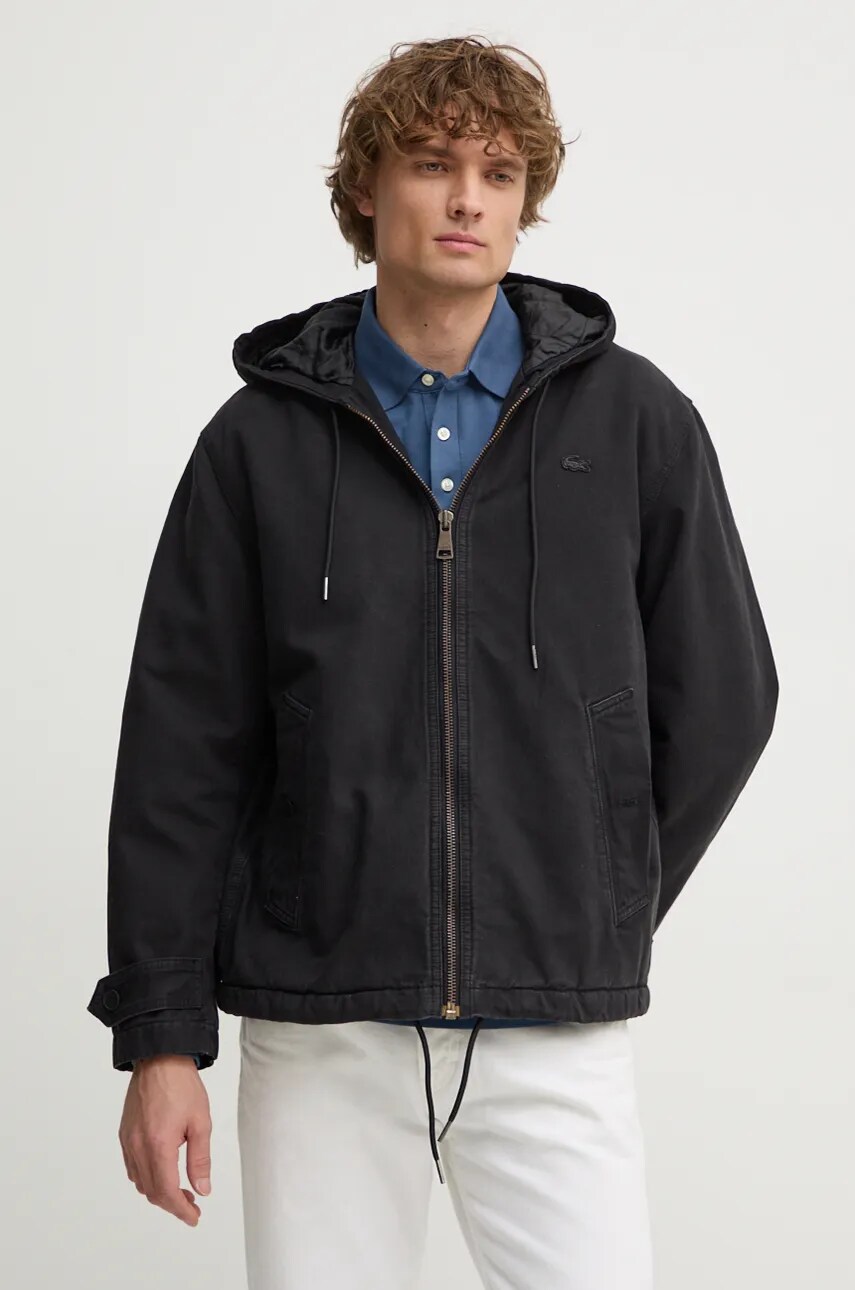 Lacoste geacă din denim bărbați, culoarea negru, de tranziție, oversized, BH2906