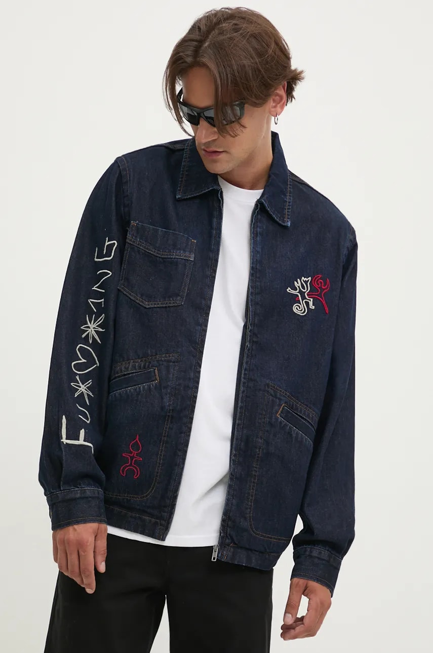 Desigual geacă din denim AARON bărbați, culoarea bleumarin, de tranziție, 24WMED01 Desigual geacă din denim AARON bărbați, culoarea bleumarin, de tranziție, 24WMED01