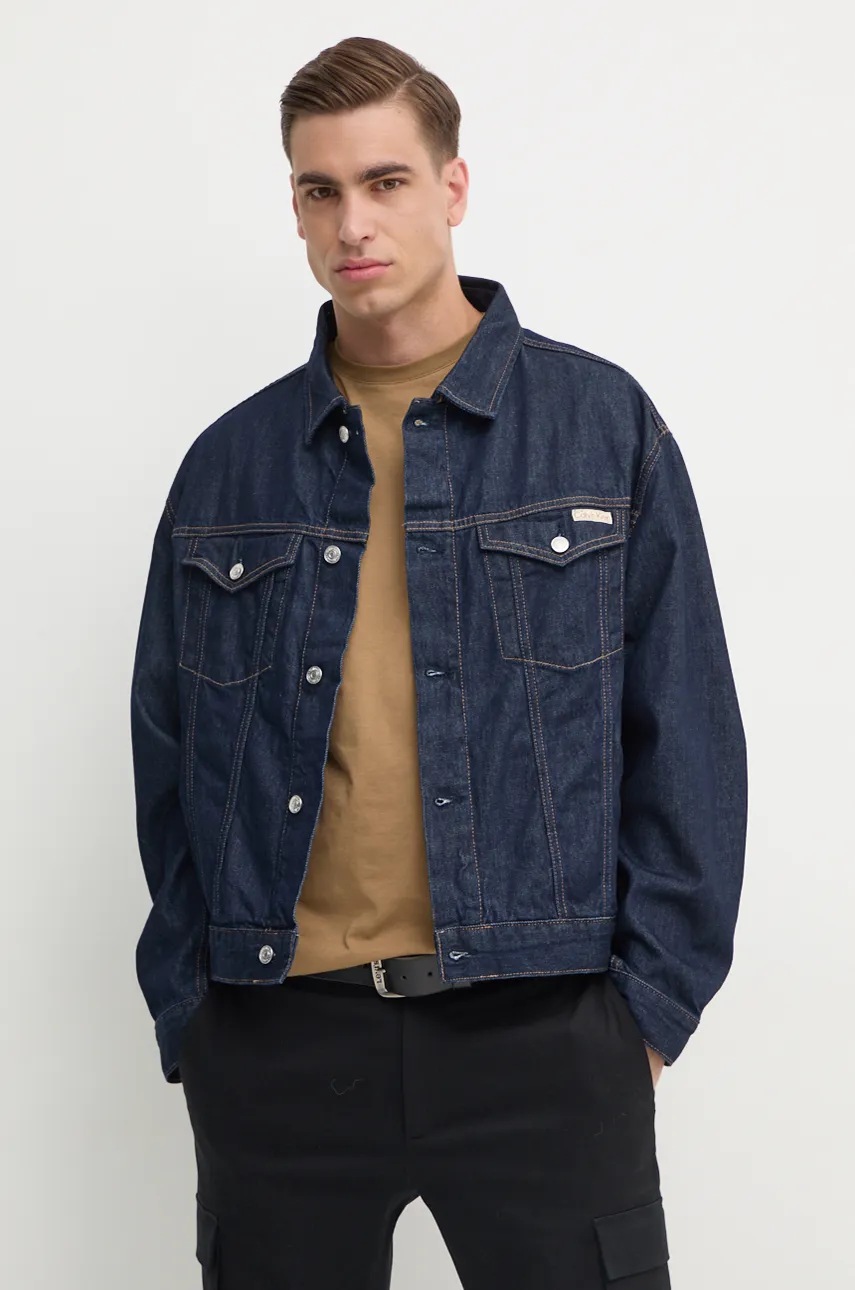 Levně Džínová bunda Calvin Klein Jeans pánská, tmavomodrá barva, přechodná, oversize, J30J326391