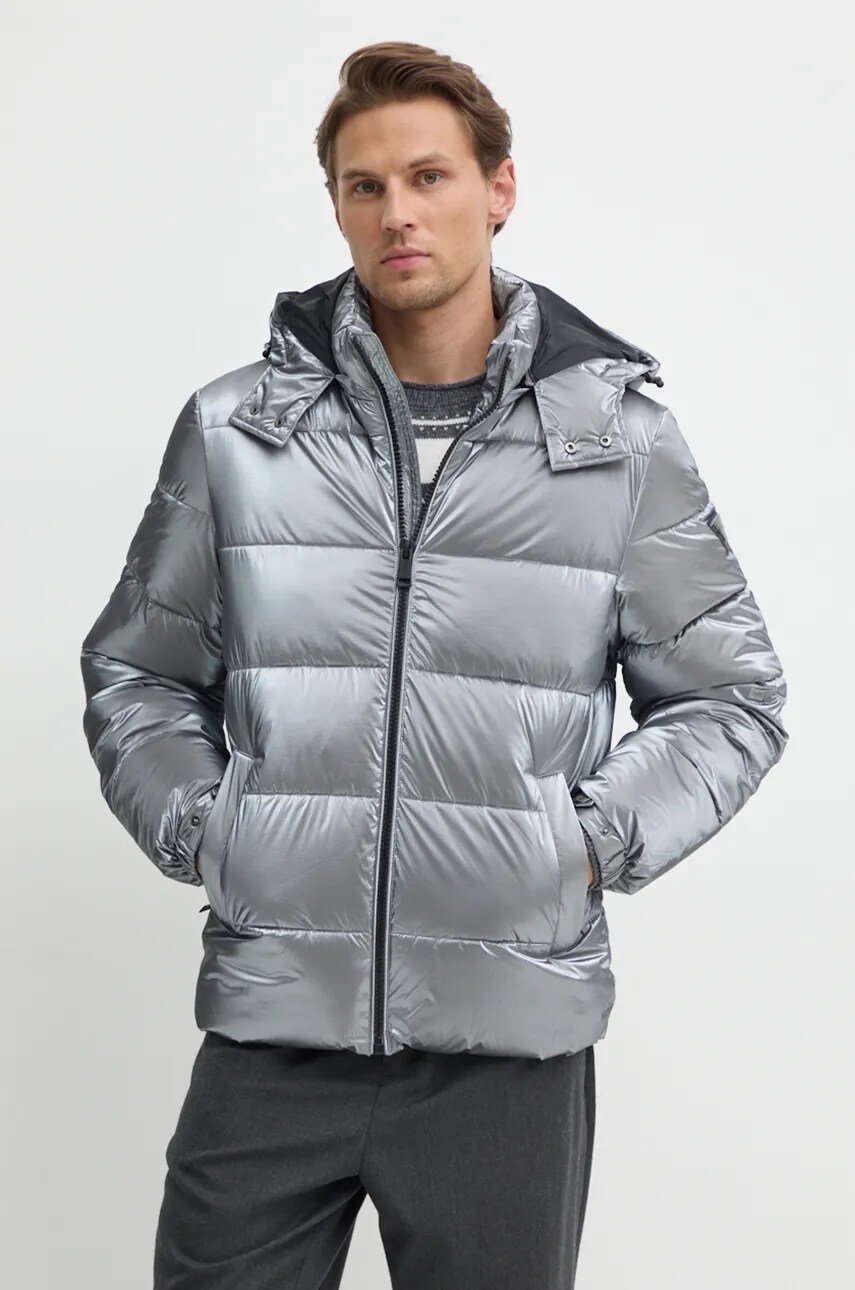 Levně Bunda Guess pánská, stříbrná barva, zimní, oversize, M4BL46.WGJT0
