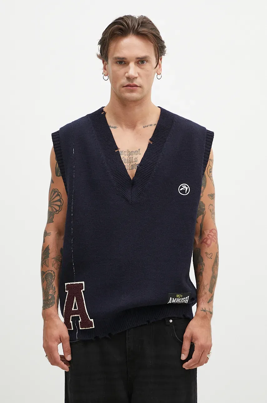 AMBUSH vesta de lana Repair Stitch V Neck Vest culoarea albastru marin, călduros, BMHZ002F24KNI0014628