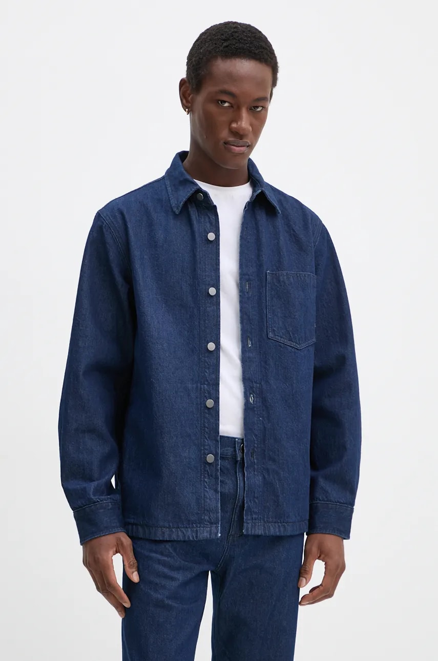 Theory camasa jeans barbati, culoarea albastru marin, cu guler clasic, relaxed, O0774413
