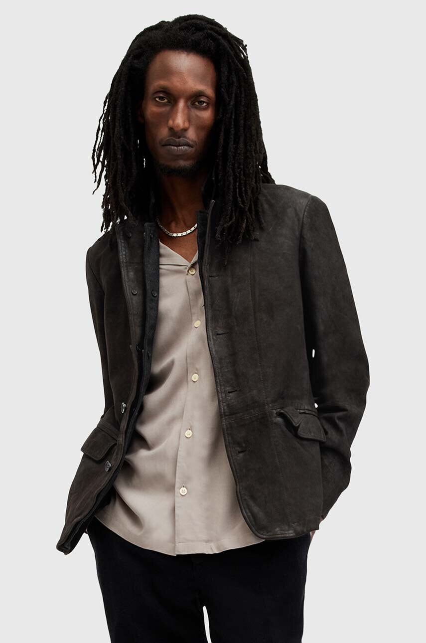 AllSaints geaca de piele SURVEY LTHR BLAZER barbati, culoarea gri, de tranzitie, M061LB