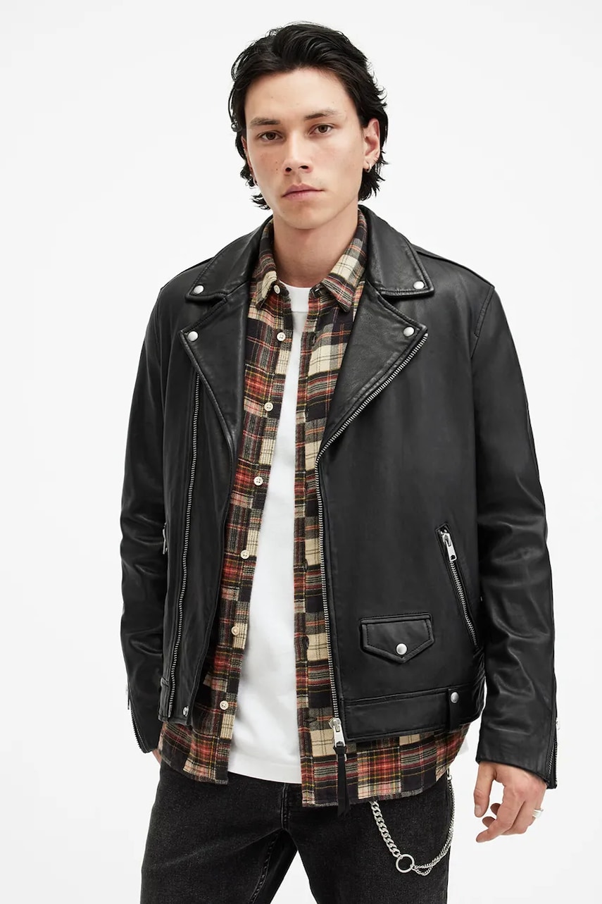 AllSaints geaca de piele MILO barbati, culoarea negru, de tranzitie, M062LB AllSaints geaca de piele MILO barbati, culoarea negru, de tranzitie, M062LB