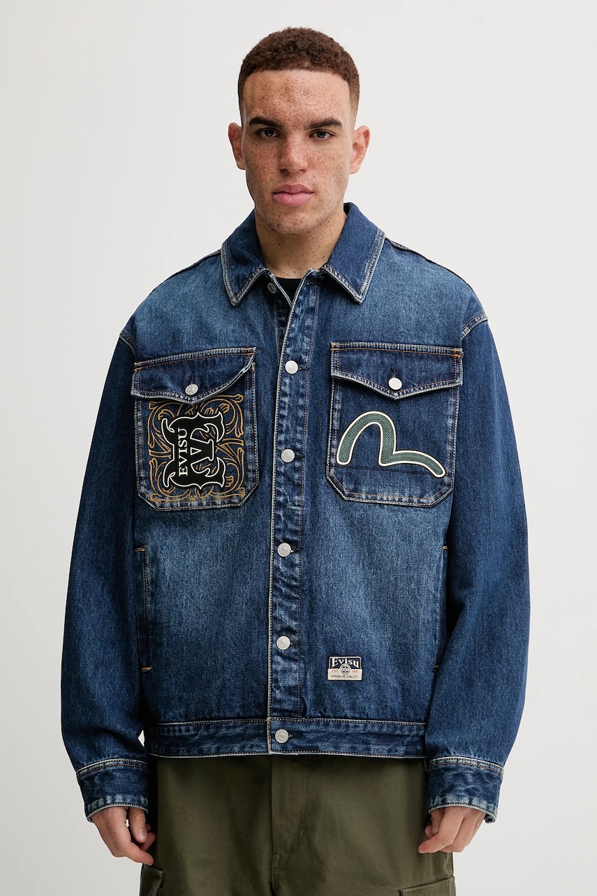 Evisu geacă din denim Sheridan Daicock Printed bărbați, culoarea bleumarin, de tranziție, 2EAHTM4SJ1015