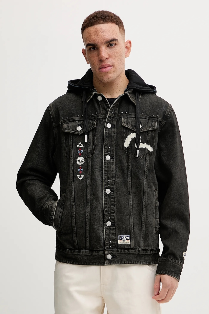 Evisu geacă din denim Weel of Wisdom bărbați, culoarea negru, de tranziție, 2EAHTM4DJ1001