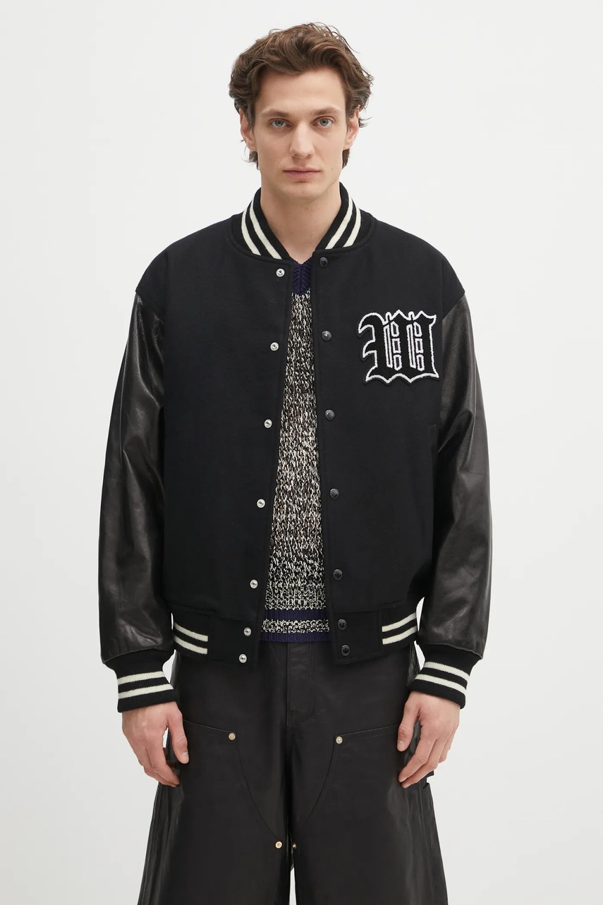 Vlněná bomber bunda Wacko Maria Leather Varsity černá barva, přechodná, 24FW-WMO-BL16