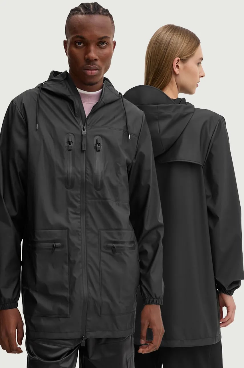 Rains geaca Cargo Long Jacket W3 culoarea negru, de tranzitie, 12060-01 Rains geaca Cargo Long Jacket W3 culoarea negru, de tranzitie, 12060-01