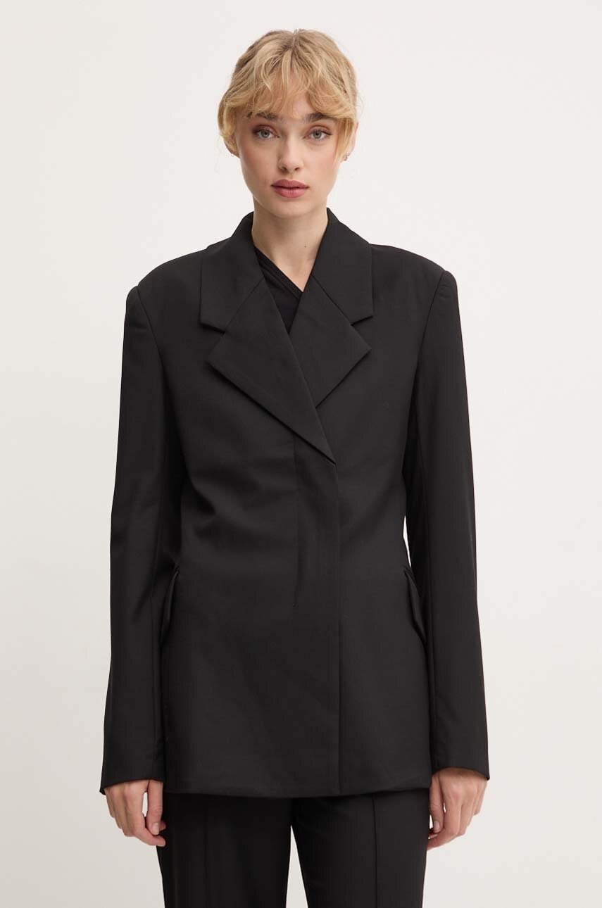 Remain sacou din lana Fitted Blazer culoarea negru, cu doua randuri de nasturi, neted, 501915100 Remain sacou din lana Fitted Blazer culoarea negru, cu doua randuri de nasturi, neted, 501915100