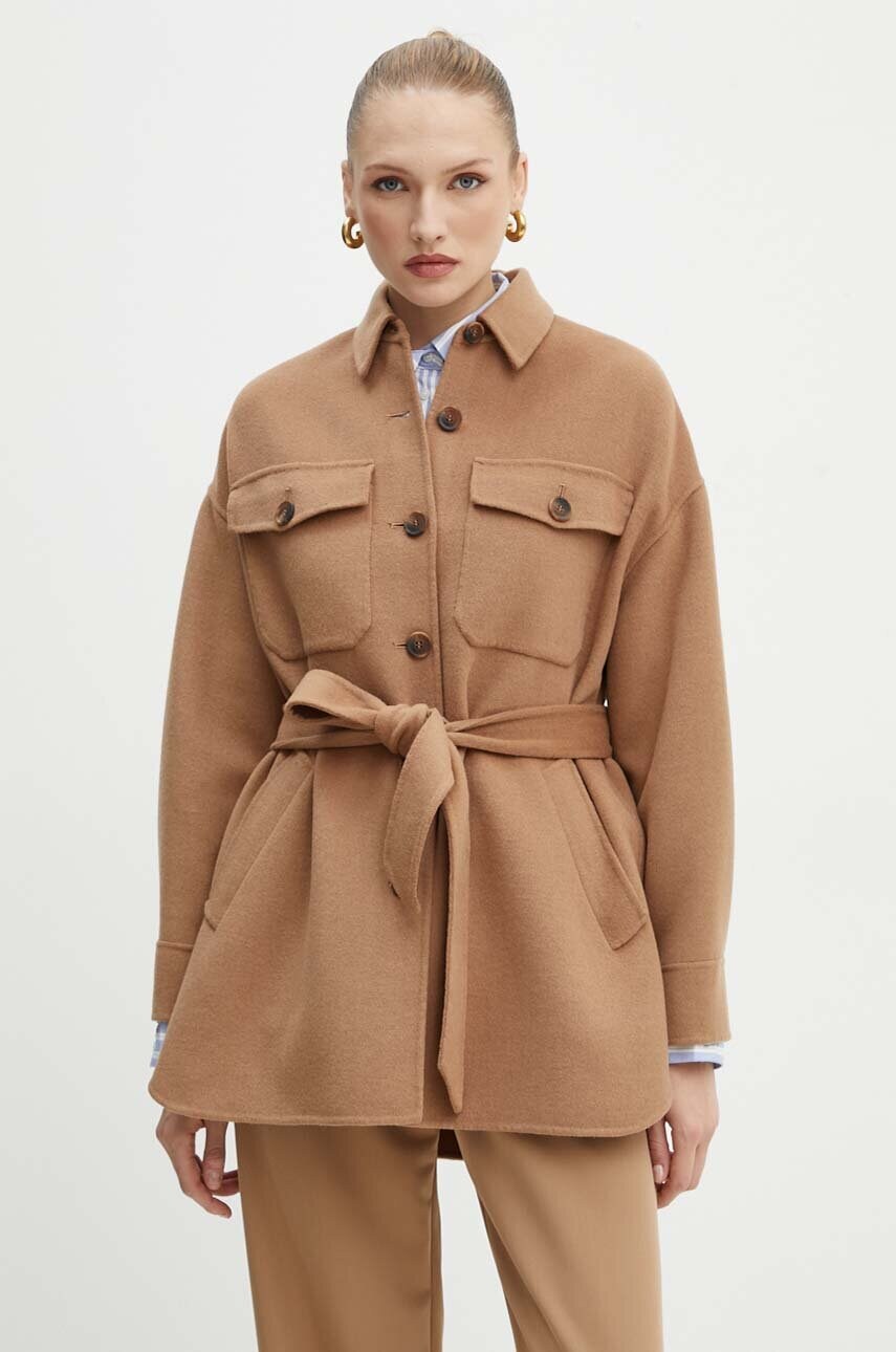 Levně Vlněná košilová bunda Twinset hnědá barva, oversize, 242TP2060