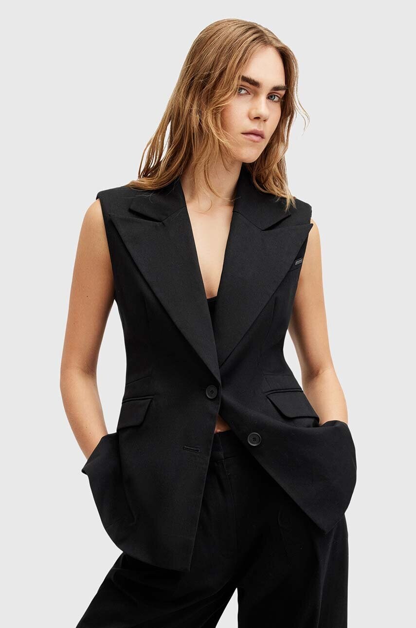 AllSaints vestă din bumbac HALLY BLAZER culoarea negru, un singur rand de nasturi, W009QA
