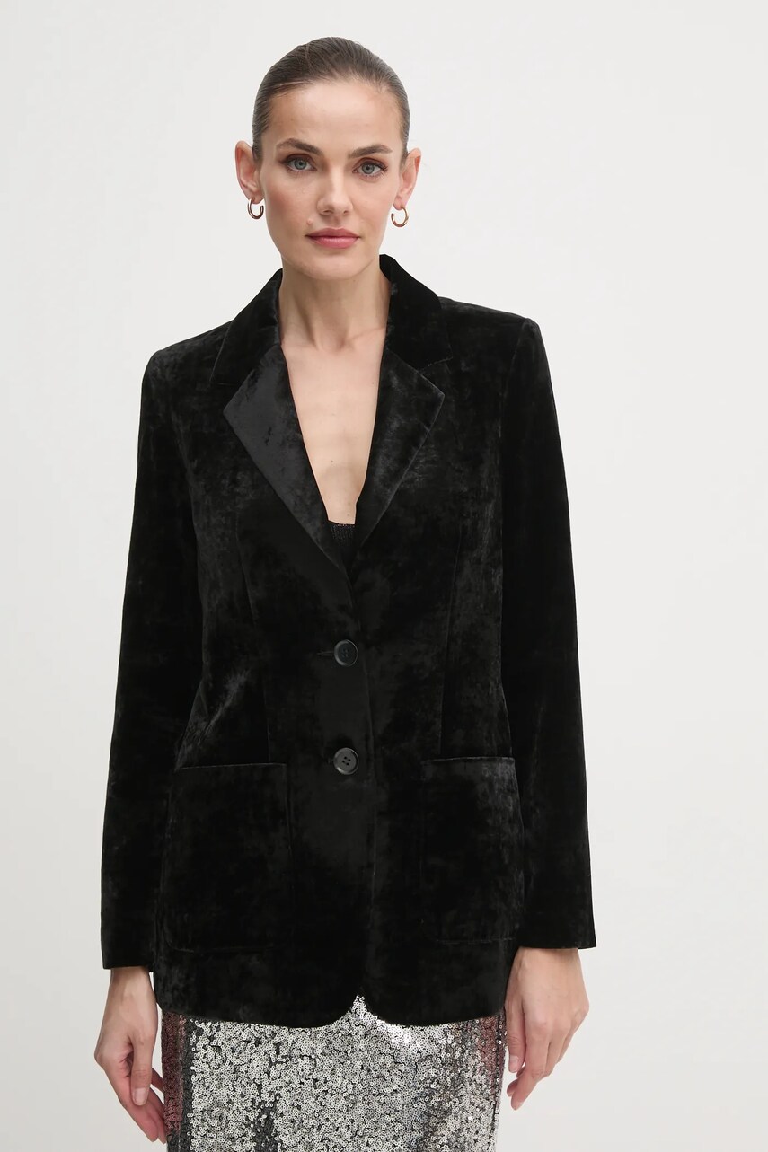 Sisley jacheta de catifea culoarea negru, un singur rand de nasturi, neted, 21EULW02M