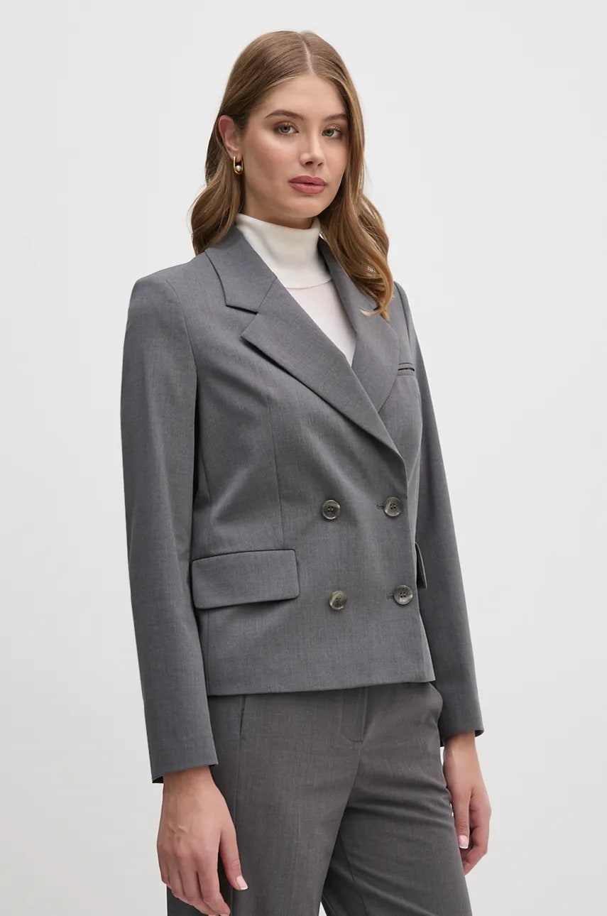 Sisley sacou din lana culoarea gri, cu doua randuri de nasturi, neted, 2JYQLW02N Sisley sacou din lana culoarea gri, cu doua randuri de nasturi, neted, 2JYQLW02N