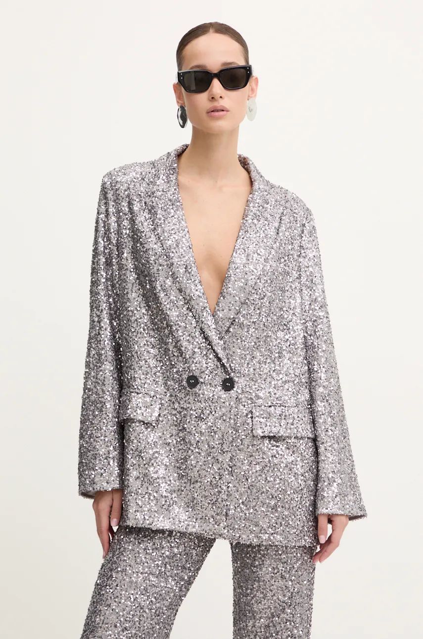 Never Fully Dressed sacou Gunmetal Sequin 54 Blazer culoarea gri, cu doua randuri de nasturi, NFDOU362