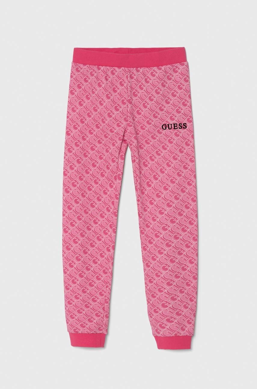 

Детски памучен спортен панталон Guess в розово с десен J4YQ11 KA6R4, Розов