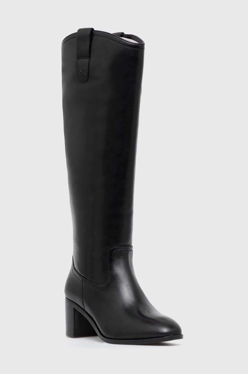 Levně Kožené kozačky Lauren Ralph Lauren Carla dámské, černá barva, na podpatku, 802937812001