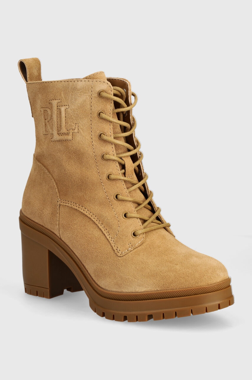 Levně Semišové boty Lauren Ralph Lauren Cameron dámské, béžová barva, na podpatku, 802942568001
