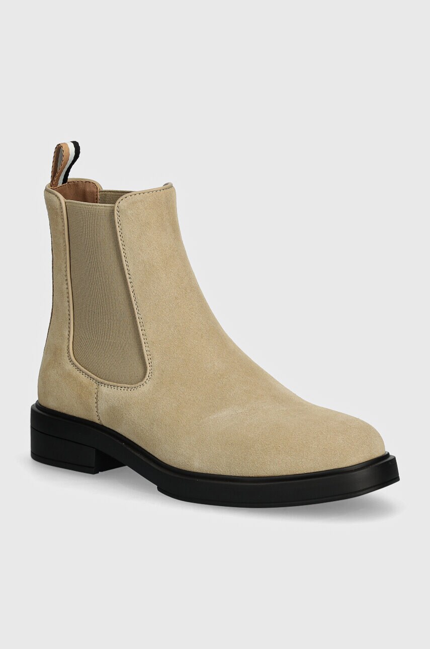 BOSS botine din piele intoarsa Vanity femei, culoarea bej, cu toc plat, 50513082