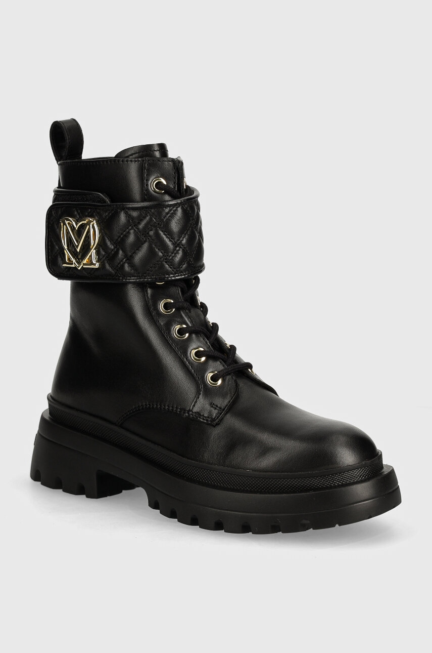 Love Moschino bocanci de piele femei, culoarea negru, cu toc plat, JA24175G1LIA0000
