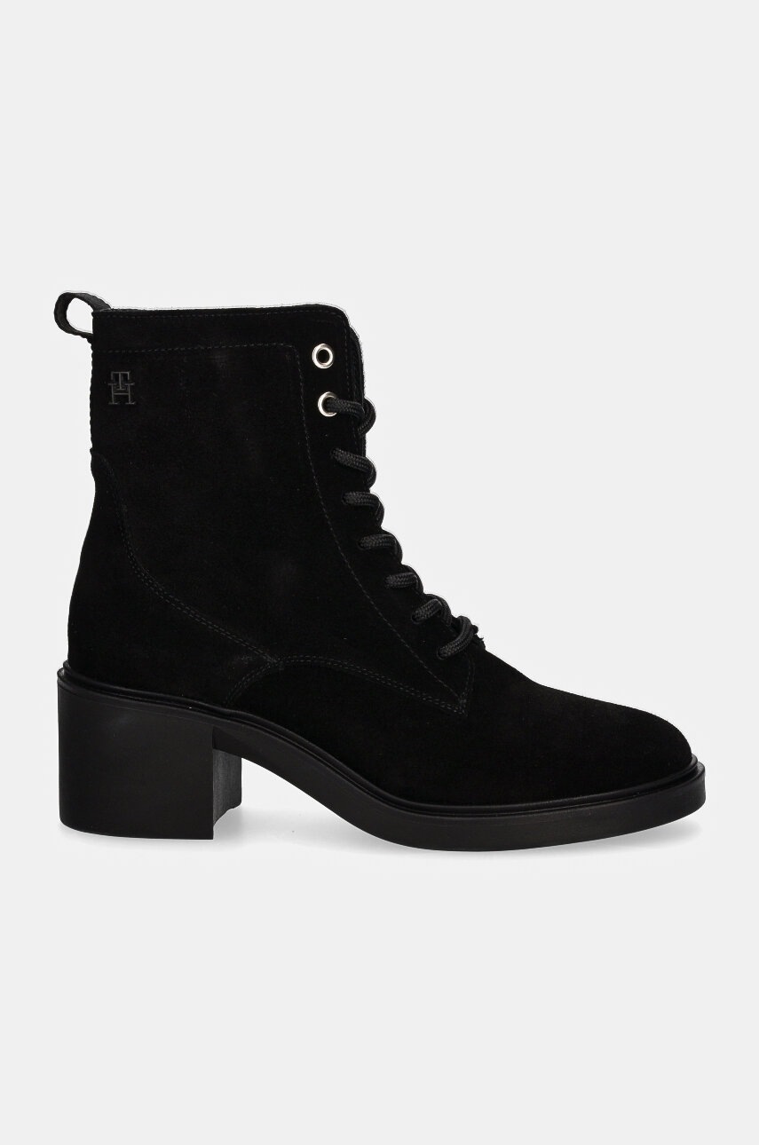 Σουέτ μπότες Tommy Hilfiger SUEDE MID HEEL LACEUP LOGOTAPE γυναικείες, χρώμα: μαύρο, FW0FW08090 φωτογραφία