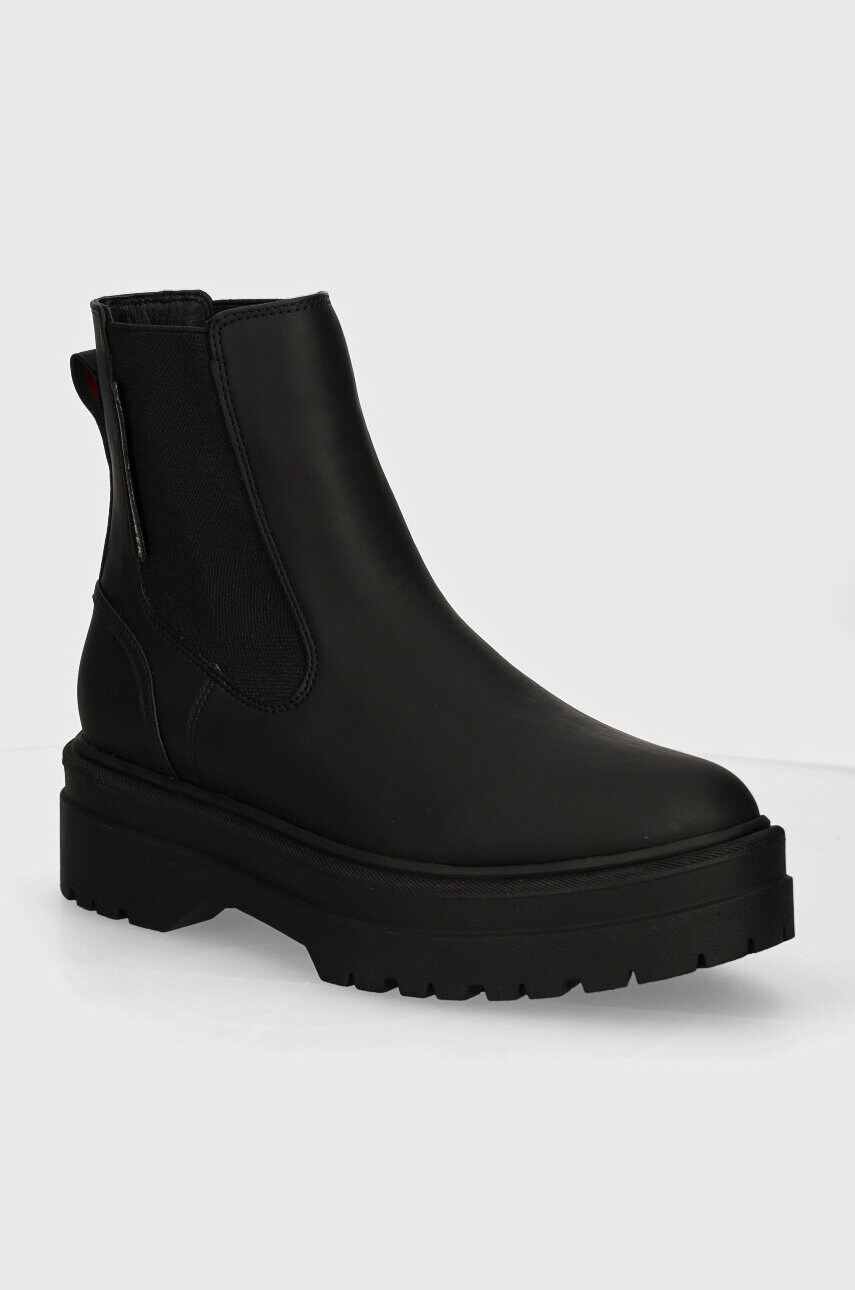 Levně Boty s gumou Tommy Hilfiger RUBBERISED CHELSEA TL dámské, černá barva, na plochém podpatku, FW0FW08162