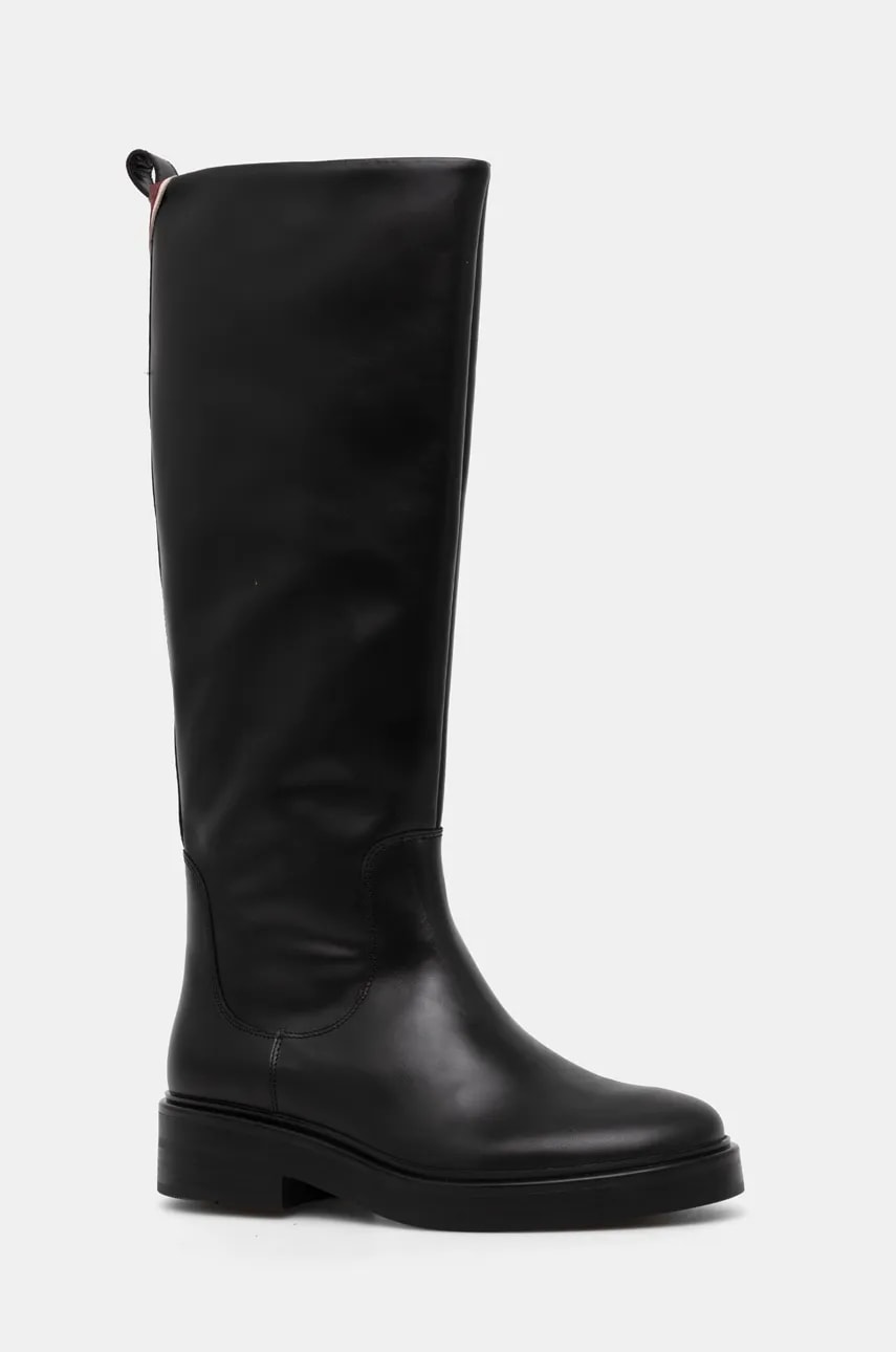Levně Kožené kozačky Tommy Hilfiger PREMIUM LEATHER LONG BOOT dámské, černá barva, na plochém podpatku, FW0FW08180