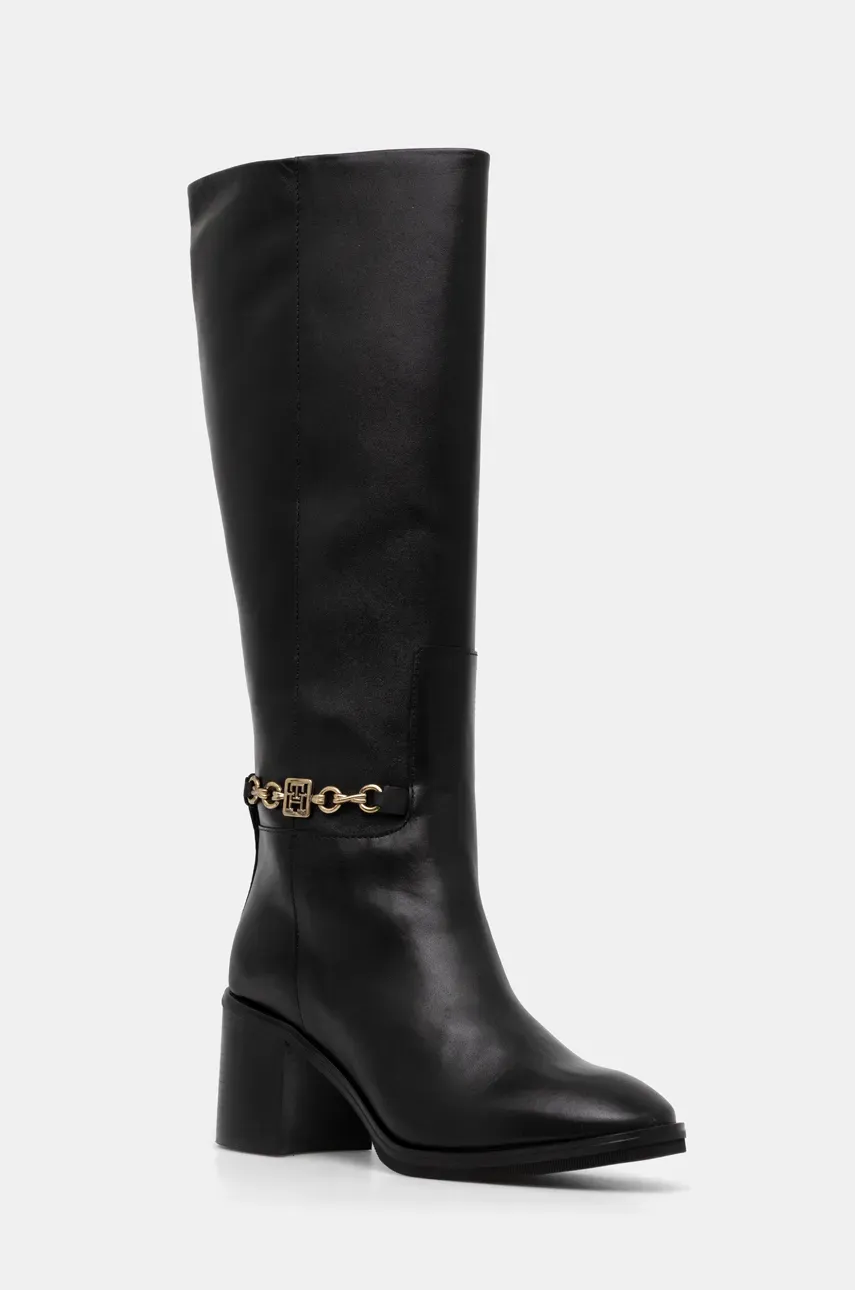 Levně Kožené kozačky Tommy Hilfiger TH CHAIN LEATHER LONG BOOT dámské, černá barva, na podpatku, FW0FW08182