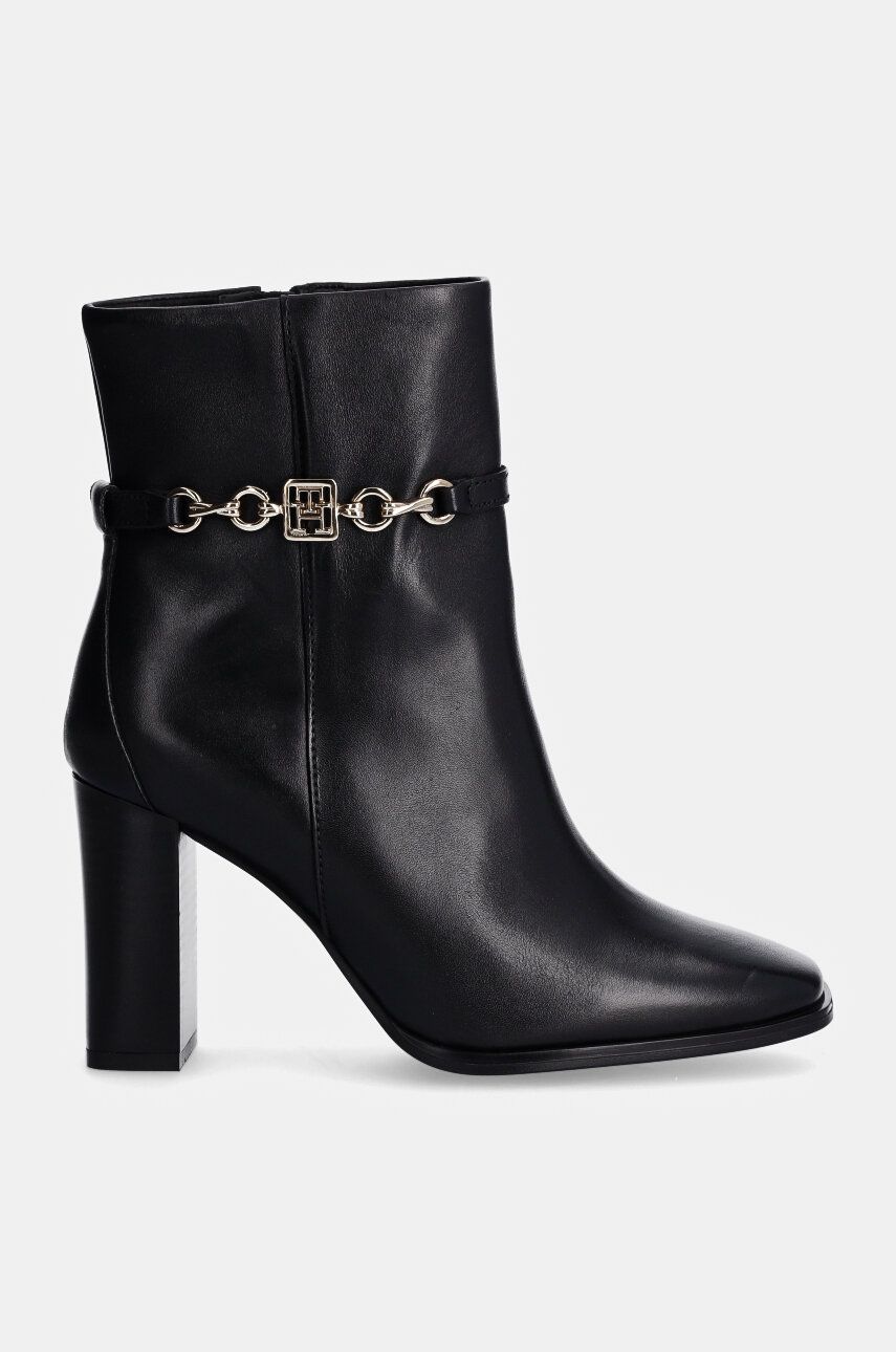 Usnjeni Gležnarji Tommy Hilfiger TH CHAIN HIGH HEEL BOOTIE ženski, črna Barva, FW0FW08241