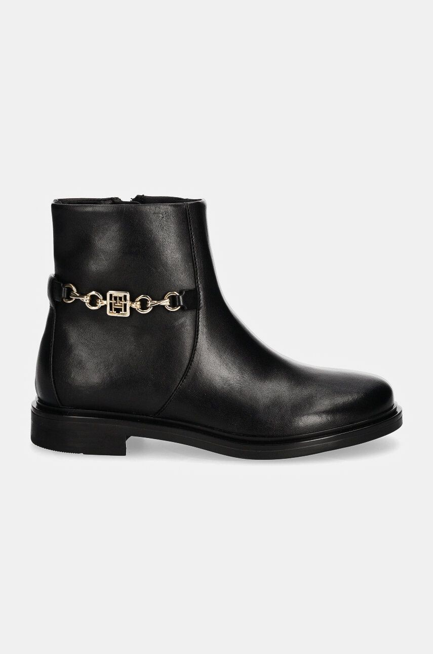 Kožne Gležnjače Tommy Hilfiger TH CHAIN LEATHER LOW BOOTIE Za žene, Boja: Crna, Ravni Potplat, FW0FW08251