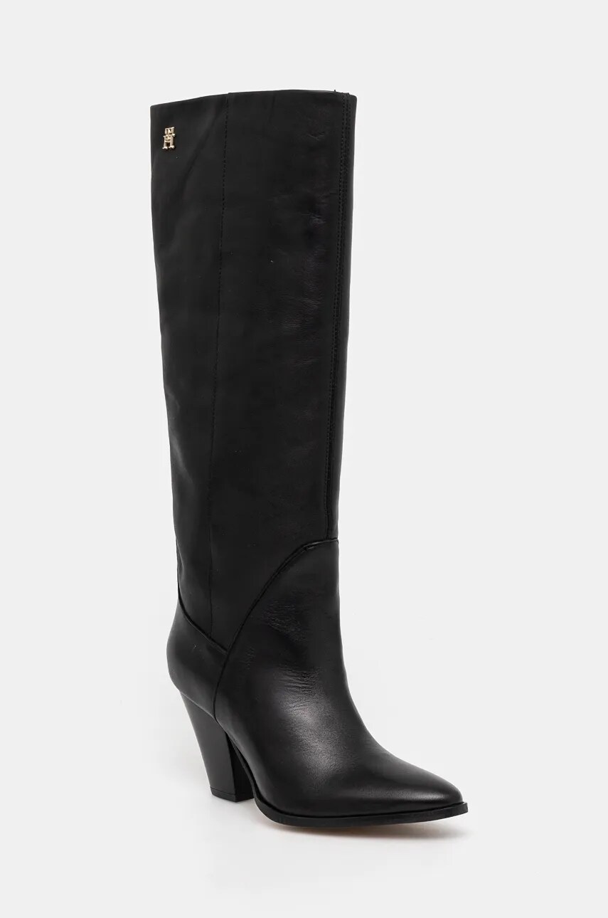 Levně Kozačky Tommy Hilfiger HIGH COWBOY HEEL BOOT LEATHER dámské, černá barva, na podpatku, FW0FW08296