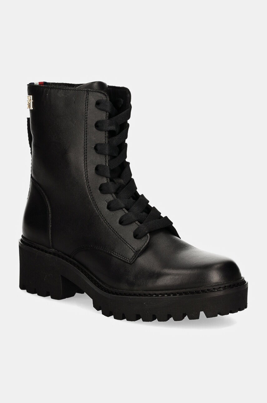 Levně Kožené workery Tommy Hilfiger CHIC MID HEEL LEATHER LACE-UP dámské, černá barva, na plochém podpatku, FW0FW08305