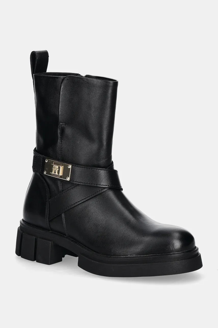 Levně Kožené kotníkové boty Tommy Hilfiger BIKER LEATHER dámské, černá barva, na platformě, FW0FW08313