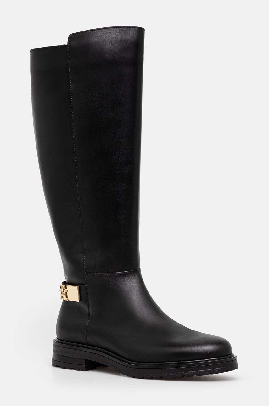 

Ботуши Tommy Hilfiger TH LOGO LEATHER LONG BOOT в черно с равна подметка с лека изолация FW0FW08335, Черен