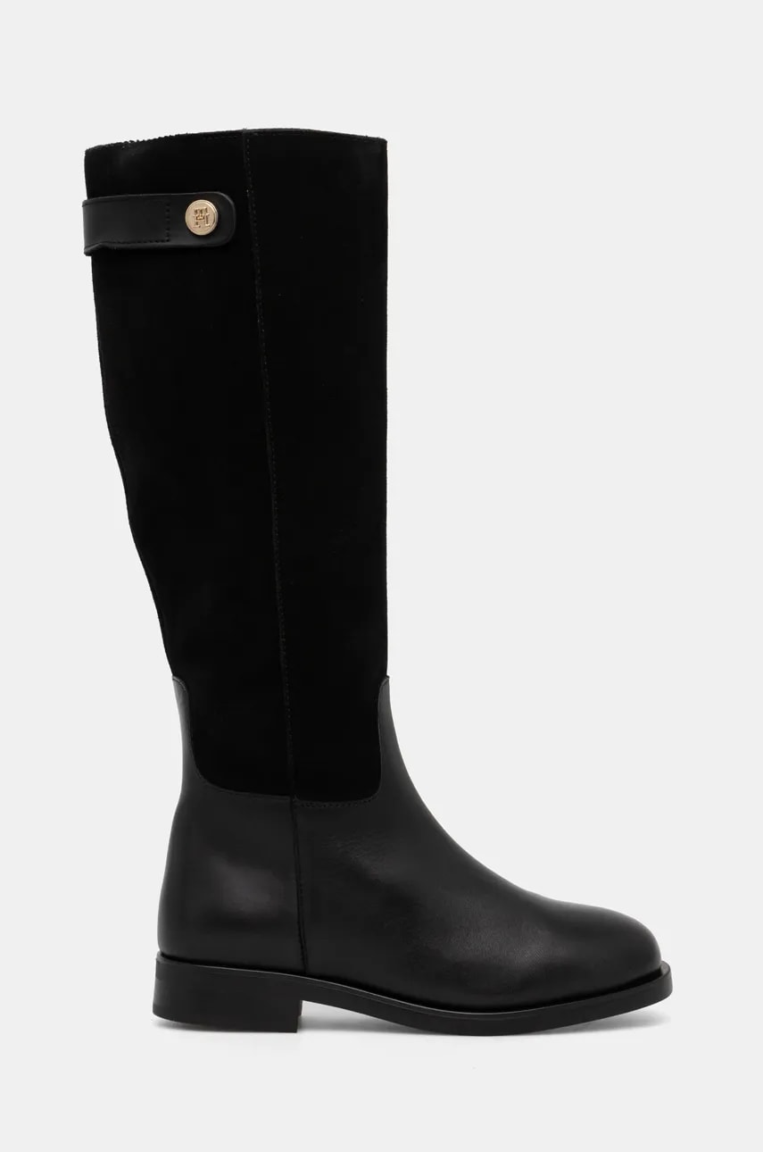 Levně Kožené kozačky Tommy Hilfiger TH STUD LEATHER MIX LONG BOOT dámské, černá barva, na plochém podpatku, FW0FW08341